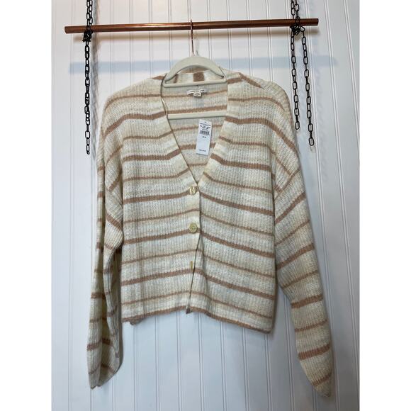 NWT American Eagle Striped V-Neck Sweater Cardigan Beige Tan Lounge Topper Sz M - Picture 1 of 6